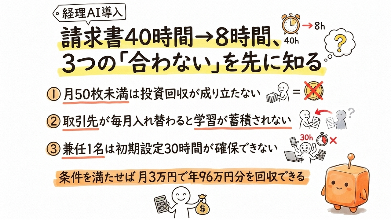 経理AI自動化、月2万円で請求書処理を40時間から8時間に