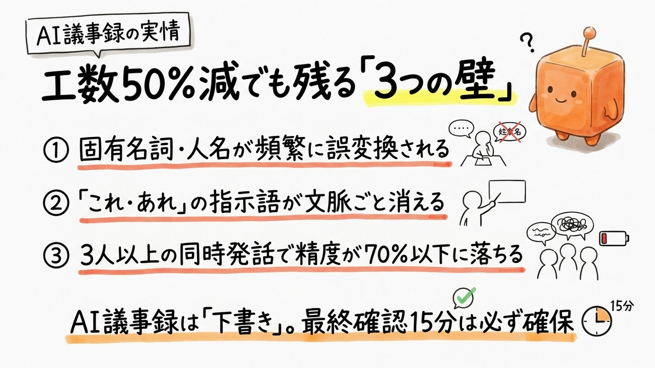 議事録自動化、AI導入で工数50%削減も誤字・文脈欠損は残る
