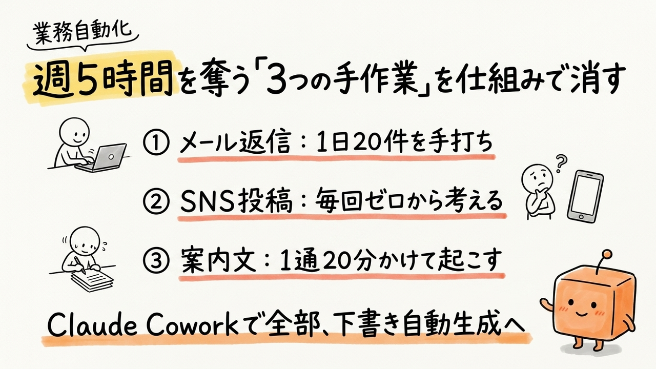 SNS投稿とメール返信、Claude Coworkで週5時間を取り戻す